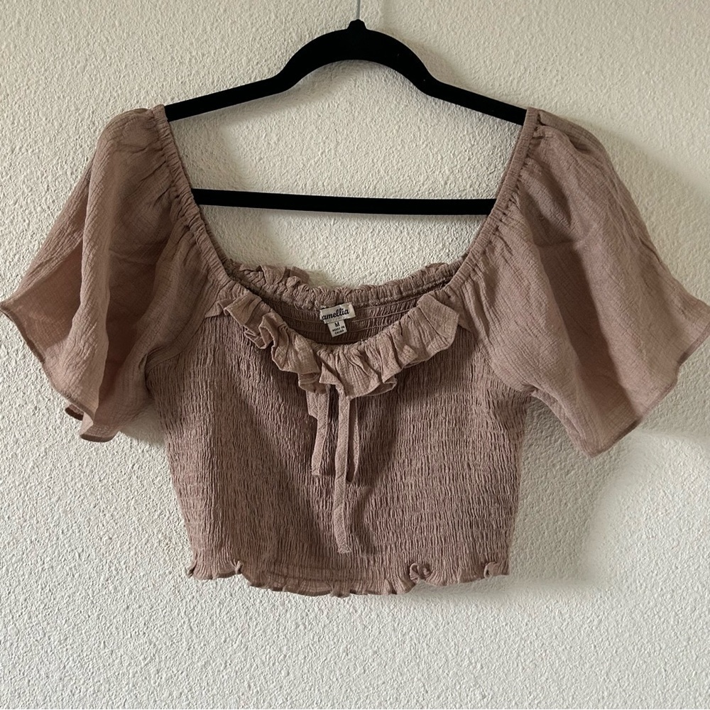Camellia Smock Cropped Off Shoulder Top Women’s Sz Medium Beige Boho Fairy